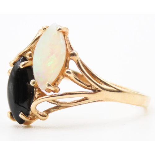 38 - Matching Polished Marquise Cut Opal and Onyx Twin Stone Set Ring Mounted in 14 Carat Yellow Gold Rin... 