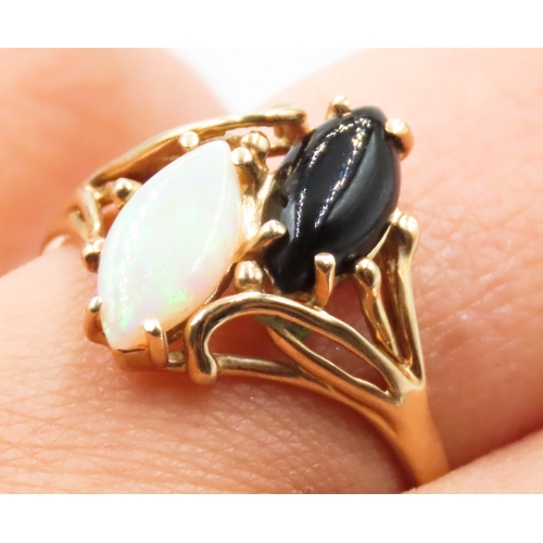 38 - Matching Polished Marquise Cut Opal and Onyx Twin Stone Set Ring Mounted in 14 Carat Yellow Gold Rin... 