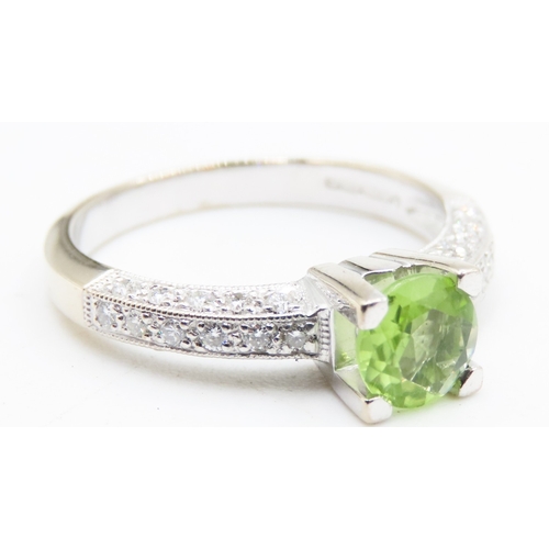 383 - Four Claw Set Peridot Solitaire Ring Further Pave Diamond Set Band Set in 18 Carat White Gold Ring S... 