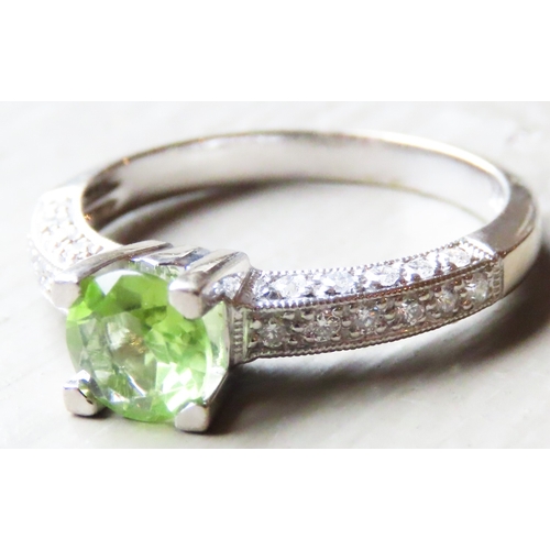 383 - Four Claw Set Peridot Solitaire Ring Further Pave Diamond Set Band Set in 18 Carat White Gold Ring S... 