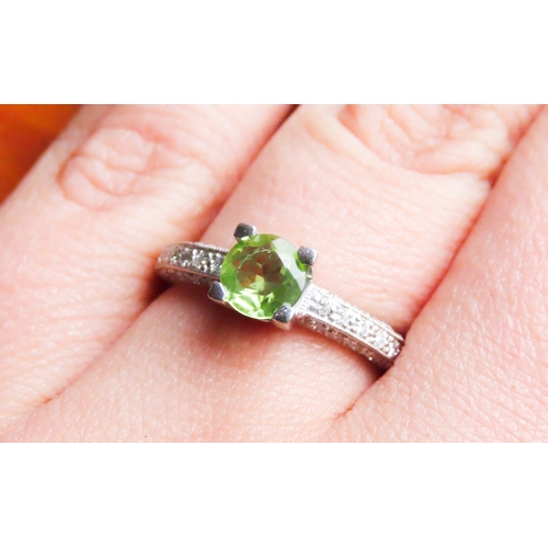 383 - Four Claw Set Peridot Solitaire Ring Further Pave Diamond Set Band Set in 18 Carat White Gold Ring S... 