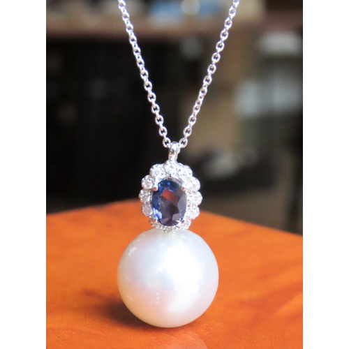 385 - Sapphire and Diamond Set Pearl Pendant Mounted in 18 Carat White Gold 2cm Drop Further Set on 18 Car... 