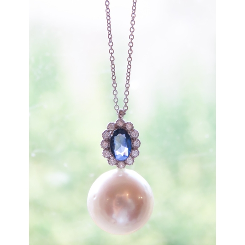 385 - Sapphire and Diamond Set Pearl Pendant Mounted in 18 Carat White Gold 2cm Drop Further Set on 18 Car... 