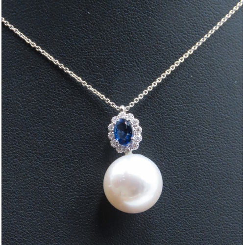 385 - Sapphire and Diamond Set Pearl Pendant Mounted in 18 Carat White Gold 2cm Drop Further Set on 18 Car... 