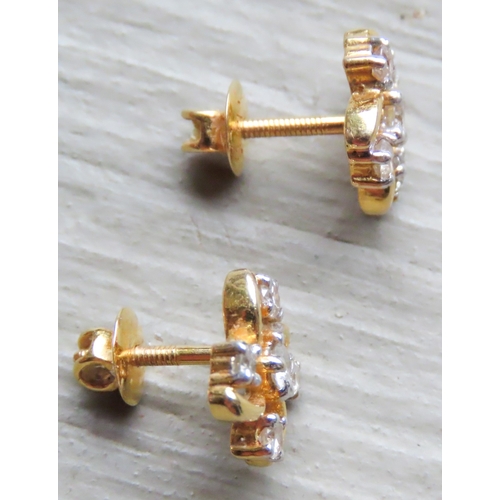 387 - Pair of 18 Carat Yellow Gold Five Diamond Set Ladies Earrings Each 1cm High