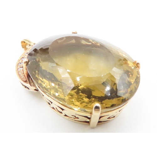 Facet Cut Citrine Statement Pendant Set in 14 Carat Yellow Gold with Further Diamonds Set to Top 6cm High Attractive Pierced Setting