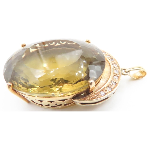 389 - Facet Cut Citrine Statement Pendant Set in 14 Carat Yellow Gold with Further Diamonds Set to Top 6cm... 