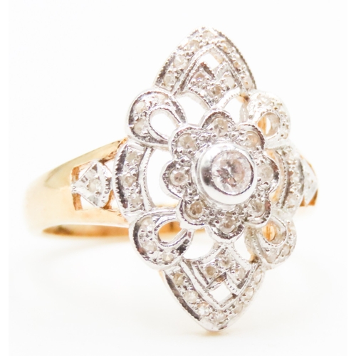 39 - Finely Detailed Diamond Set Cluster Ring Filigree Form Mounted in 14 Carat Yellow Gold Ring Size M