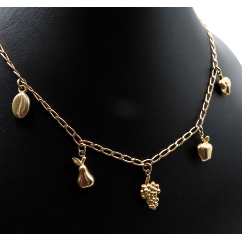 391 - 9 Carat Yellow Gold Charm Necklace with Grape, Coffee Bean and Other Charms 46cm Long