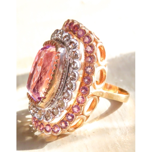 396 - Amethyst Set Statement Ring Mounted on 9 Carat Rose Gold with Diamond and Amethyst Twin Row Halo Sur... 