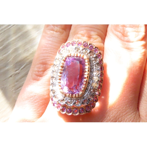 396 - Amethyst Set Statement Ring Mounted on 9 Carat Rose Gold with Diamond and Amethyst Twin Row Halo Sur... 