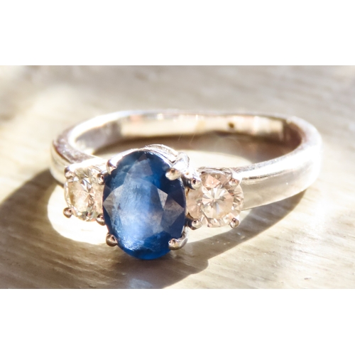 400 - Sapphire and Diamond Set Ladies Three Stone Ring Mounted in 18 Carat White Gold Ring Size N