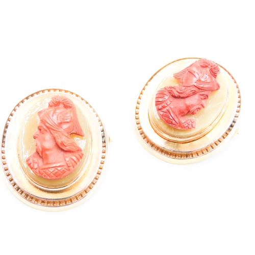 403 - Pair or Coral Cameo Set Brooches 3cm High