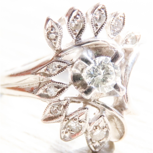 407 - Unusual Form Ladies Diamond Set Floral Motif Ring Mounted in 14 Carat White Gold Finely Detailed Rin... 