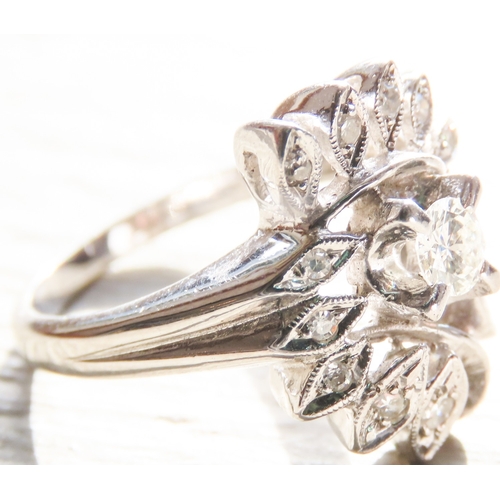 407 - Unusual Form Ladies Diamond Set Floral Motif Ring Mounted in 14 Carat White Gold Finely Detailed Rin... 