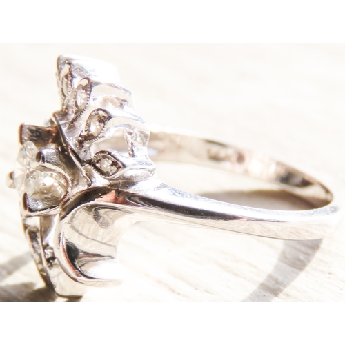 407 - Unusual Form Ladies Diamond Set Floral Motif Ring Mounted in 14 Carat White Gold Finely Detailed Rin... 