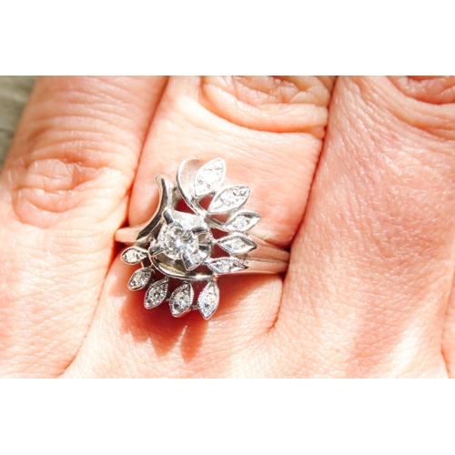 407 - Unusual Form Ladies Diamond Set Floral Motif Ring Mounted in 14 Carat White Gold Finely Detailed Rin... 