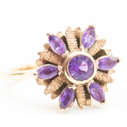 41 - Amethyst Set Floral Motif Ring Attractively Detailed Set in 9 Carat Yellow Gold Ring Size I and a Ha... 