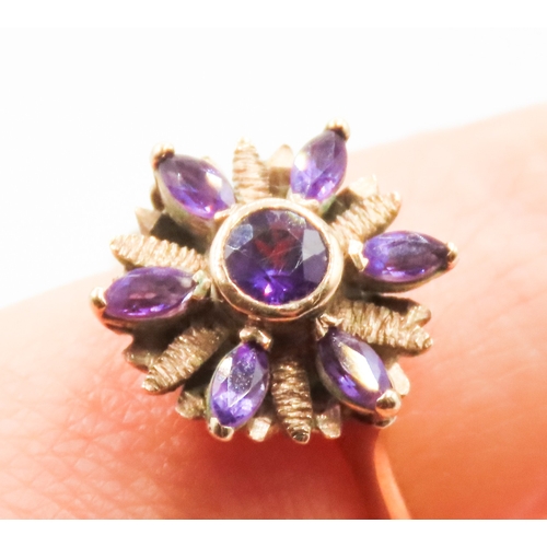 41 - Amethyst Set Floral Motif Ring Attractively Detailed Set in 9 Carat Yellow Gold Ring Size I and a Ha... 