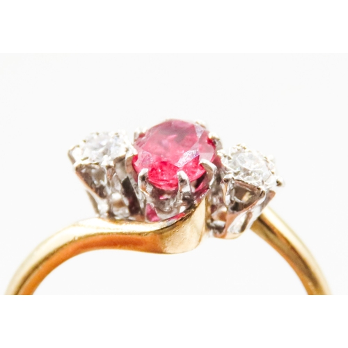 412 - Oval Cut Ruby and Diamond Set Three Stone Ring Set in Platinum Mounted on 18 Carat Yellow Gold Ring ... 