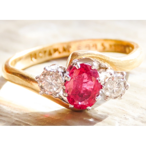 412 - Oval Cut Ruby and Diamond Set Three Stone Ring Set in Platinum Mounted on 18 Carat Yellow Gold Ring ... 