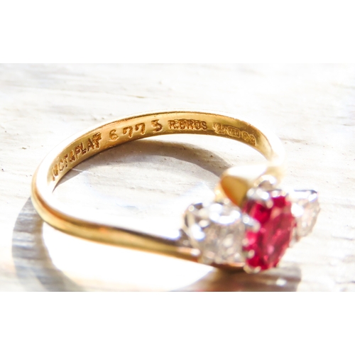 412 - Oval Cut Ruby and Diamond Set Three Stone Ring Set in Platinum Mounted on 18 Carat Yellow Gold Ring ... 