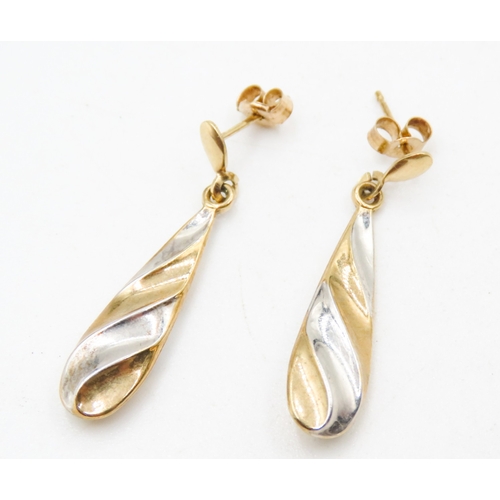 414 - Pair of 9 Carat Yellow and White Gold Twist Form Drop Earrings Each 3cm Drop