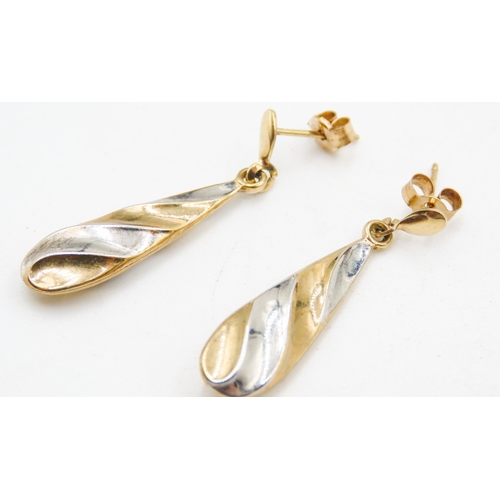 414 - Pair of 9 Carat Yellow and White Gold Twist Form Drop Earrings Each 3cm Drop