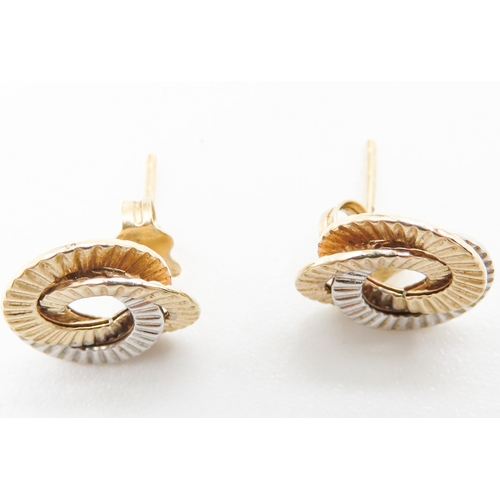 422 - Pair of 9 Carat Yellow and White Gold Loop Motif Earrings Each 1cm Wide