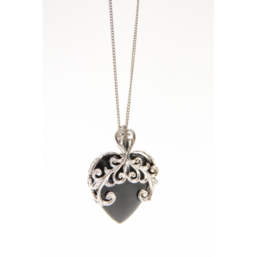 425 - Black Onyx Filigree Set Heart Motif Pendant Set in 10 Carat White Gold 2cm Drop Further Set on 18 Ca... 