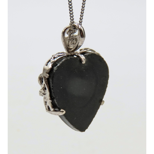 425 - Black Onyx Filigree Set Heart Motif Pendant Set in 10 Carat White Gold 2cm Drop Further Set on 18 Ca... 