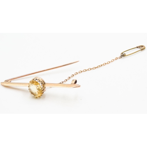 429 - Citrine Set 9 Carat Yellow Gold Ladies Bar Brooch with 9 Carat Yellow Gold Safety Chain and Pin 5cm ... 