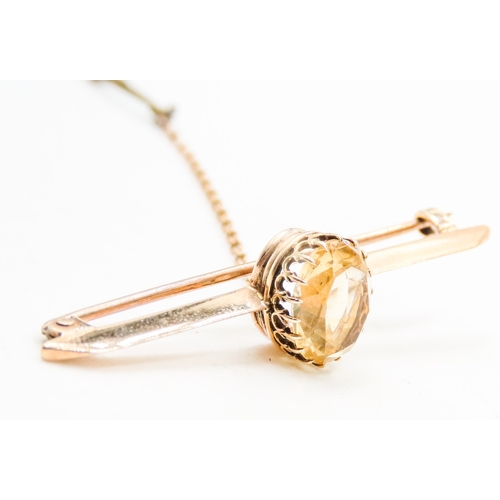 429 - Citrine Set 9 Carat Yellow Gold Ladies Bar Brooch with 9 Carat Yellow Gold Safety Chain and Pin 5cm ... 