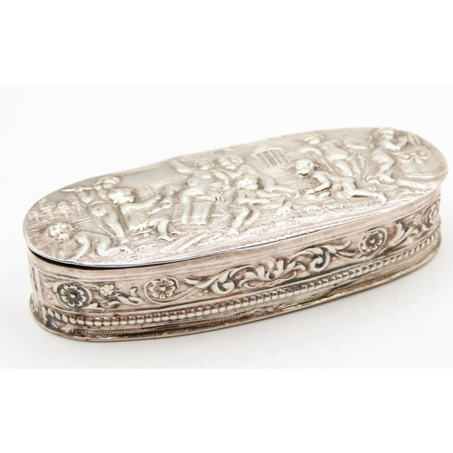 436 - Silver Snuff Box Cherub Motif Decoration Gilded Interior Hinged Cover