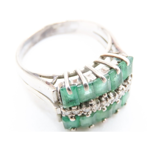 456 - Ten Stone Emerald and Diamond Set Ladies Ring Mounted in 18 Carat White Gold Ring Size K