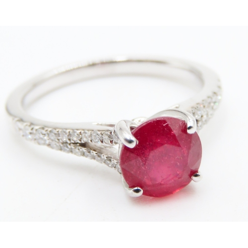 460 - Ruby Solitaire Ring Set in 18 Carat White Gold Further Diamonds Set to Sides Ring Size N