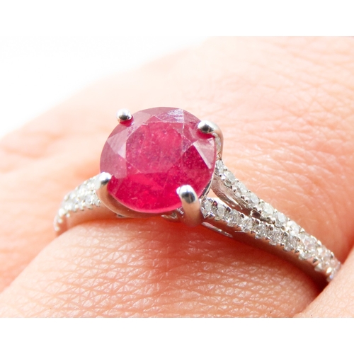 460 - Ruby Solitaire Ring Set in 18 Carat White Gold Further Diamonds Set to Sides Ring Size N