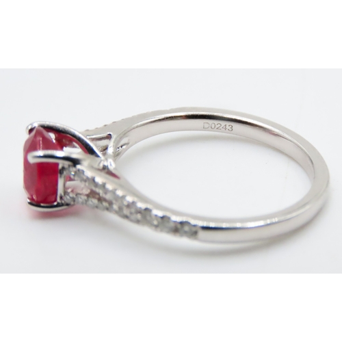 460 - Ruby Solitaire Ring Set in 18 Carat White Gold Further Diamonds Set to Sides Ring Size N