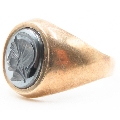 47 - Carved Hematite Set Signet Ring Mounted in 9 Carat Yellow Gold Ring Size J