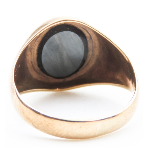 47 - Carved Hematite Set Signet Ring Mounted in 9 Carat Yellow Gold Ring Size J