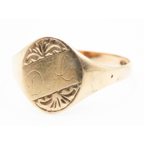 479 - 9 Carat Yellow Gold Signet Ring Incised Detailing Ring Size V