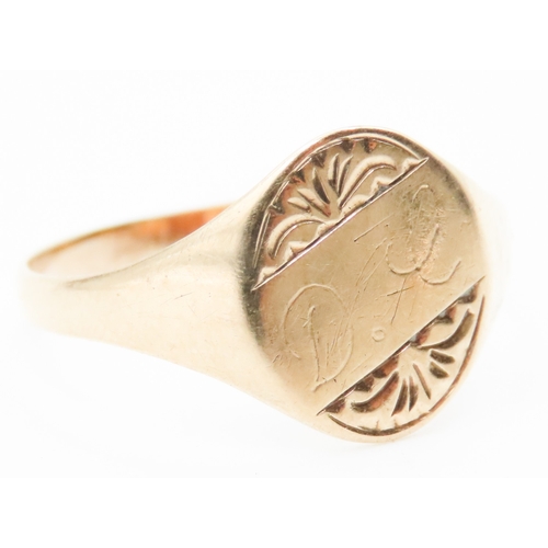 479 - 9 Carat Yellow Gold Signet Ring Incised Detailing Ring Size V