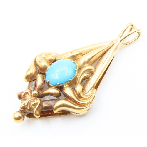 48 - Attractively Detailed Victorian Turquoise Set Drop Pendant Mounted in 18 Carat Yellow Gold 4cm High