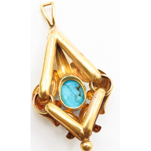 48 - Attractively Detailed Victorian Turquoise Set Drop Pendant Mounted in 18 Carat Yellow Gold 4cm High