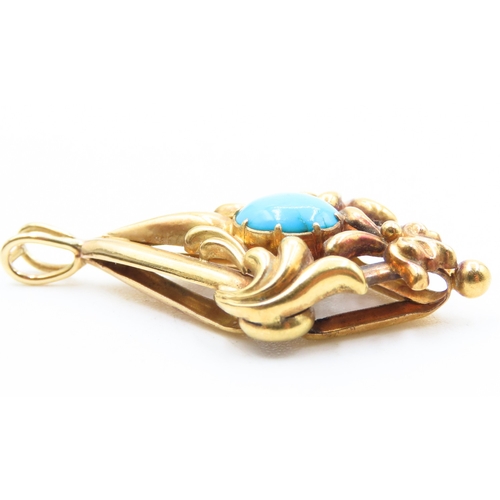 48 - Attractively Detailed Victorian Turquoise Set Drop Pendant Mounted in 18 Carat Yellow Gold 4cm High