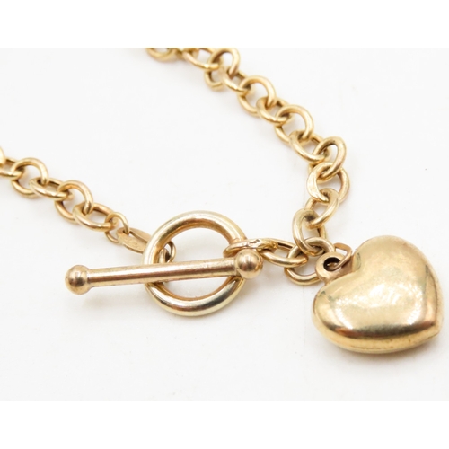 504 - 9 Carat Yellow Gold T-Bar Bracelet with Heart Charm 18cm Long