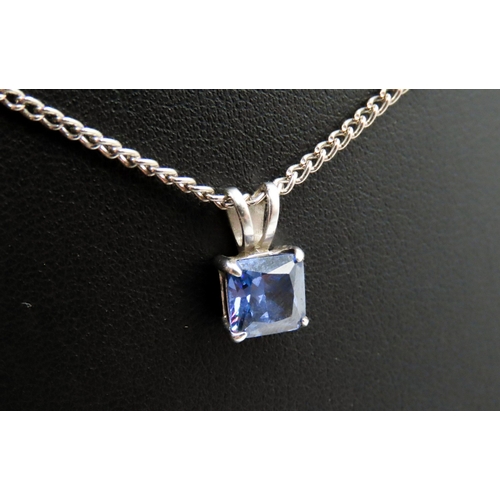 518 - Square Cut Tanzanite Pendant Set in 9 Carat White Gold 1cm High Set on Stainless Steel Chain 44cm Lo... 