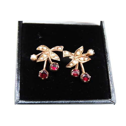 52 - Pair of Finely Detailed Red Garnet and Seed Pearl Set Cherry Form Earrings Set in 9 Carat Yellow Gol... 