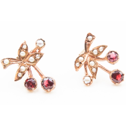 52 - Pair of Finely Detailed Red Garnet and Seed Pearl Set Cherry Form Earrings Set in 9 Carat Yellow Gol... 