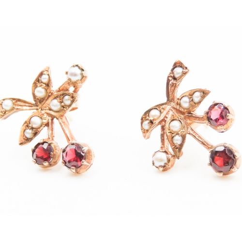 52 - Pair of Finely Detailed Red Garnet and Seed Pearl Set Cherry Form Earrings Set in 9 Carat Yellow Gol... 